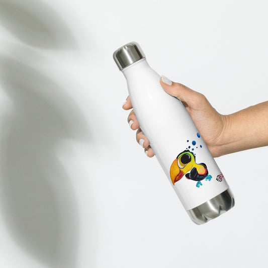 SC Kids Collection stainless steel water bottle in white, featuring a colorful toucan illustration and metallic cap