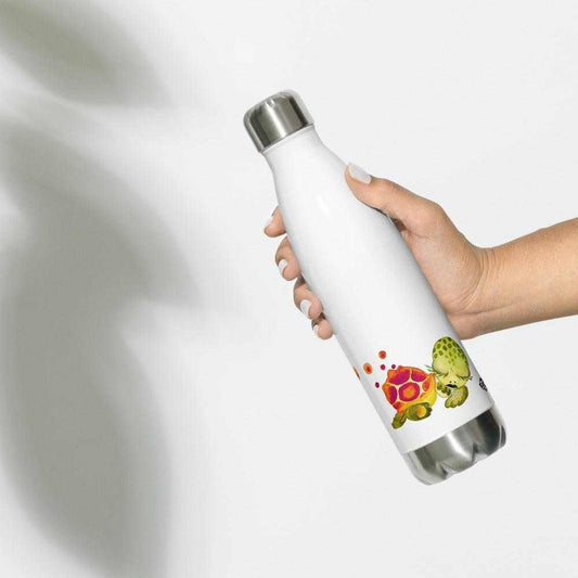 SC Kids Collection stainless steel water bottle in white with a silver cap and base, decorated with colourful baby turtles