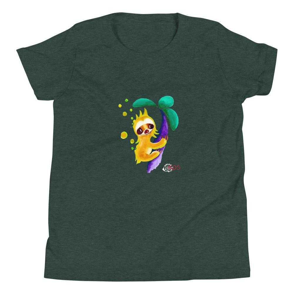 Kids short sleeve T-shirt in dark heather green cotton with a colorful cartoon sloth graphic on the chest, SC Kids Collection
