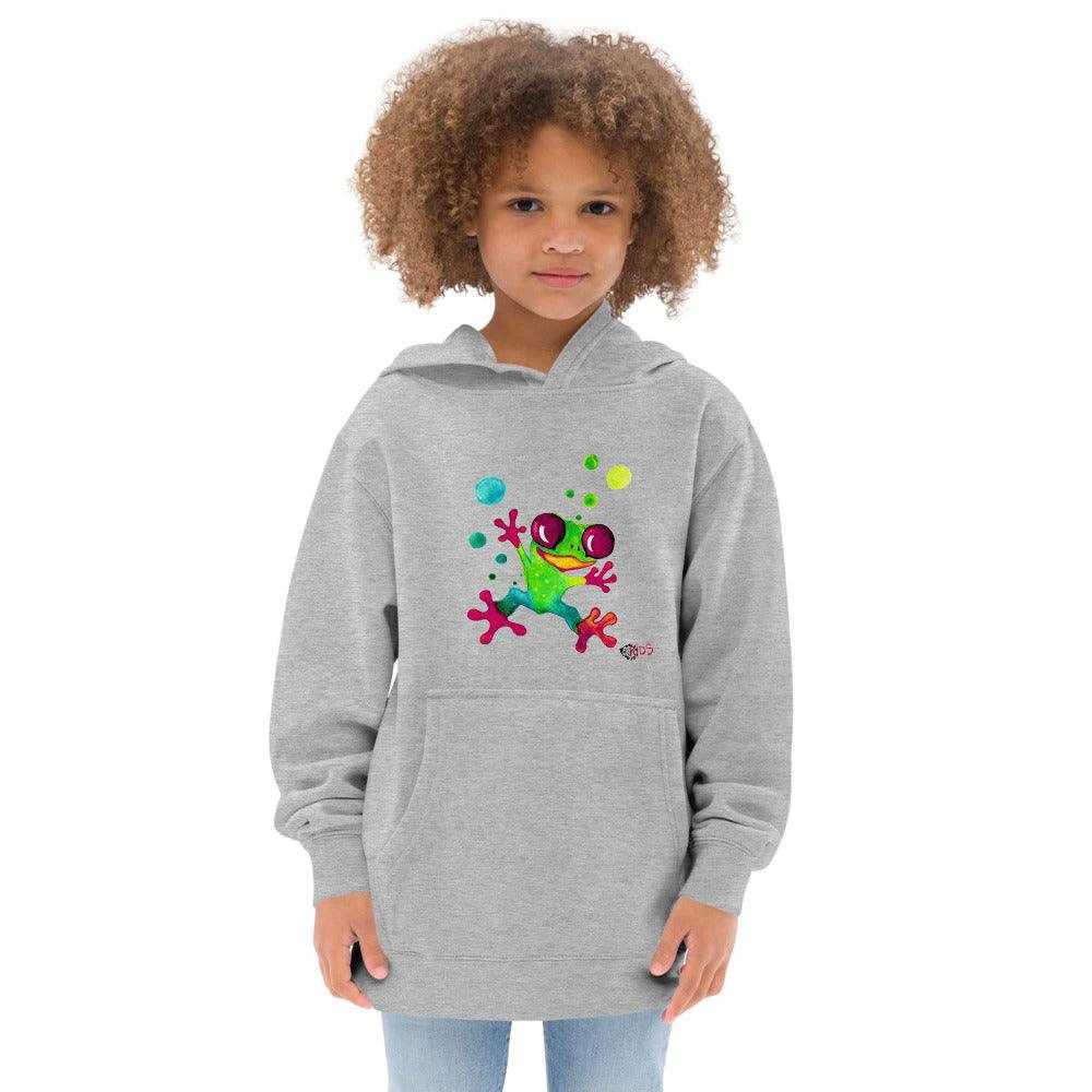 SC Kids Jungle Frog fleece hoodie in light grey with a colourful frog and playful splatter graphic, kangaroo pocket and hood