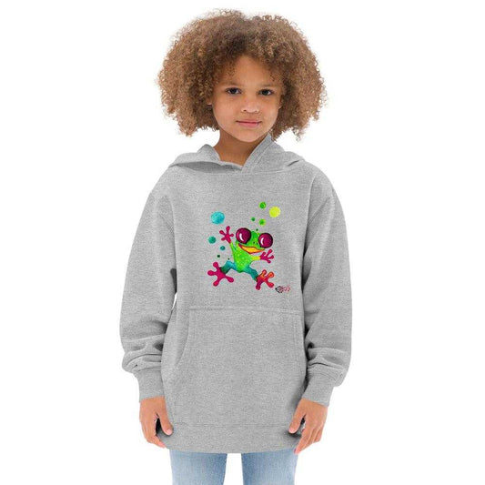 SC Kids Jungle Frog fleece hoodie in light grey with a colourful frog and playful splatter graphic, kangaroo pocket and hood
