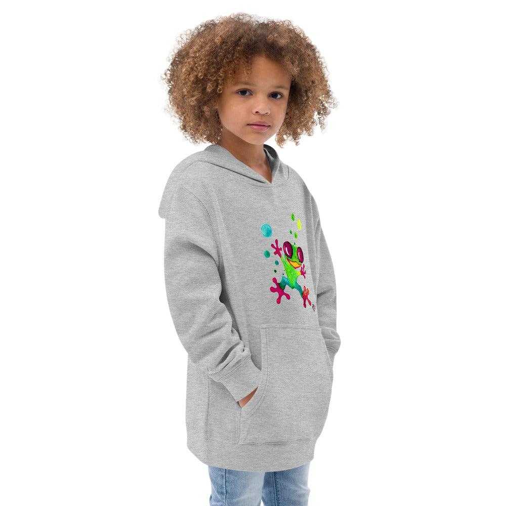 SC Kids Jungle Frog fleece hoodie in heather gray with a colorful frog graphic, kangaroo pocket, and ribbed cuffs