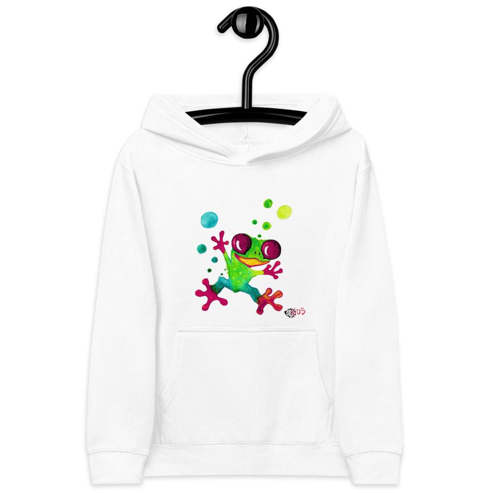SC Kids Jungle Frog hoodie in white fleece, featuring a colourful playful frog graphic, front pocket and ribbed cuffs