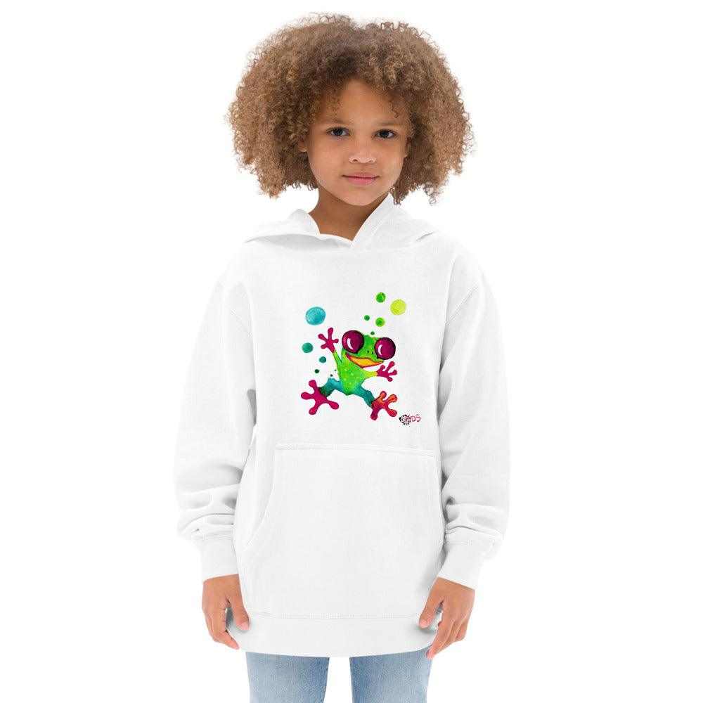 SC Kids Jungle Frog white fleece hoodie with a kangaroo pocket and colourful frog graphic on the front