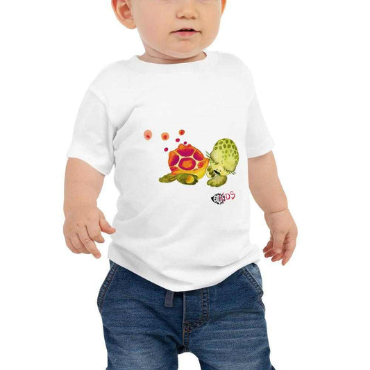 SC Kids Turtle Baby white cotton short-sleeve T-shirt featuring a colorful illustration of two turtles and small bubbles