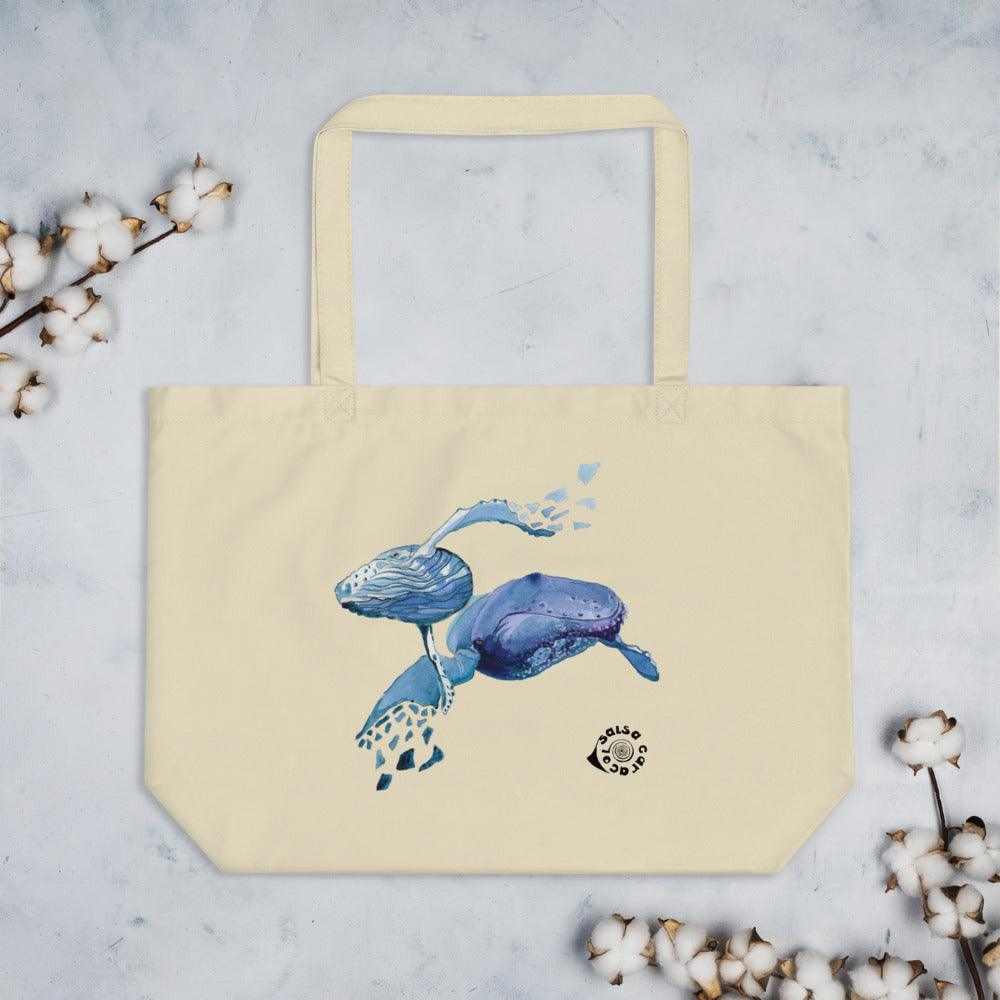 SC Natural Whale tote bag in natural cream organic cotton with blue illustrated whales and long matching straps