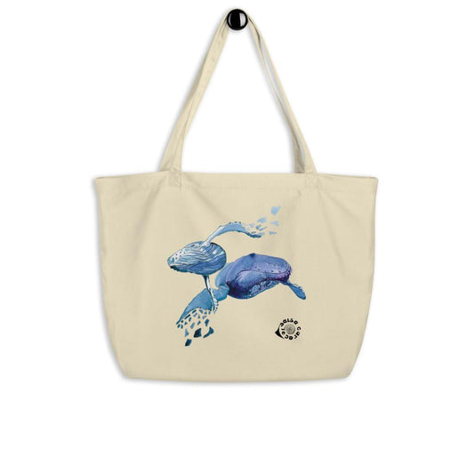 SC Natural Whale organic cotton tote bag in natural cream with long straps and a blue whale illustration