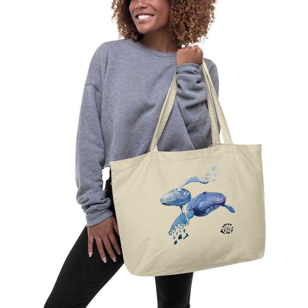 SC Natural Whale organic cotton tote bag in natural beige with long straps and a blue whale illustration