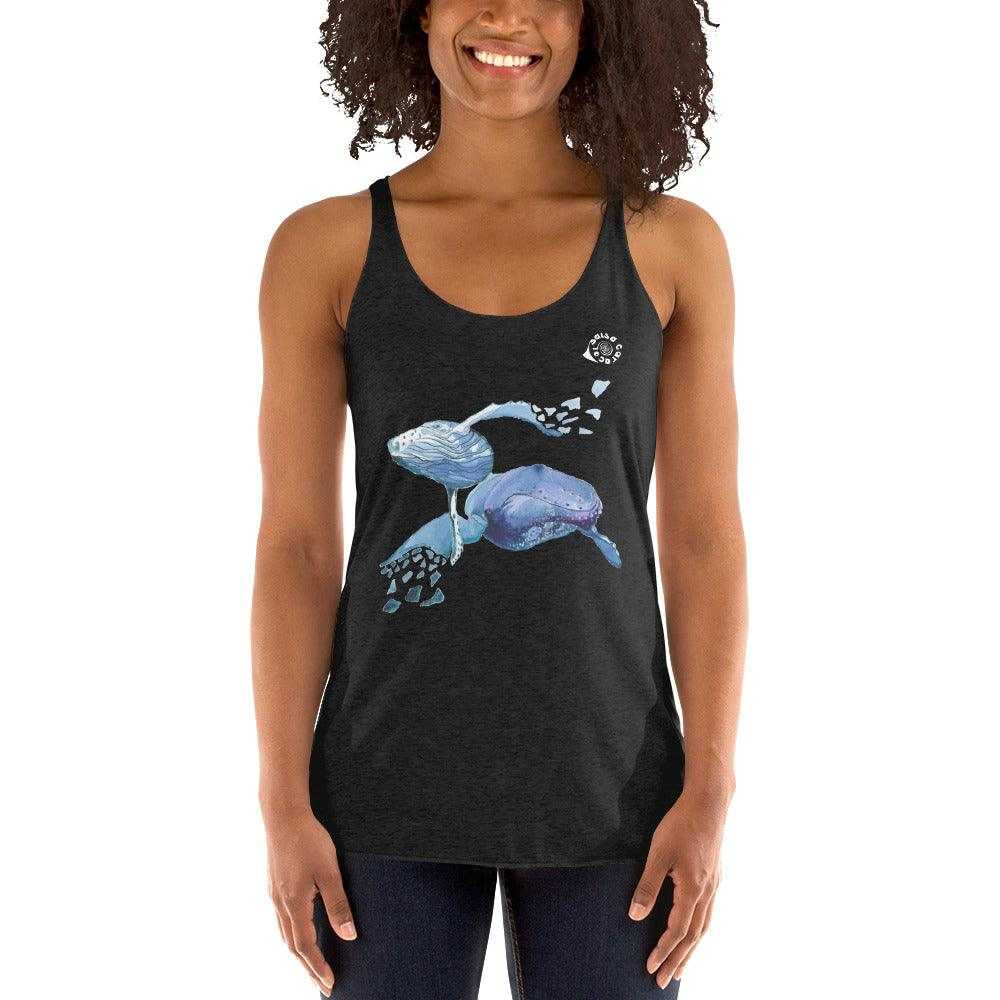 SC Natural Whale Tank in charcoal heather with a racerback cut and colorful illustrated whales across the front