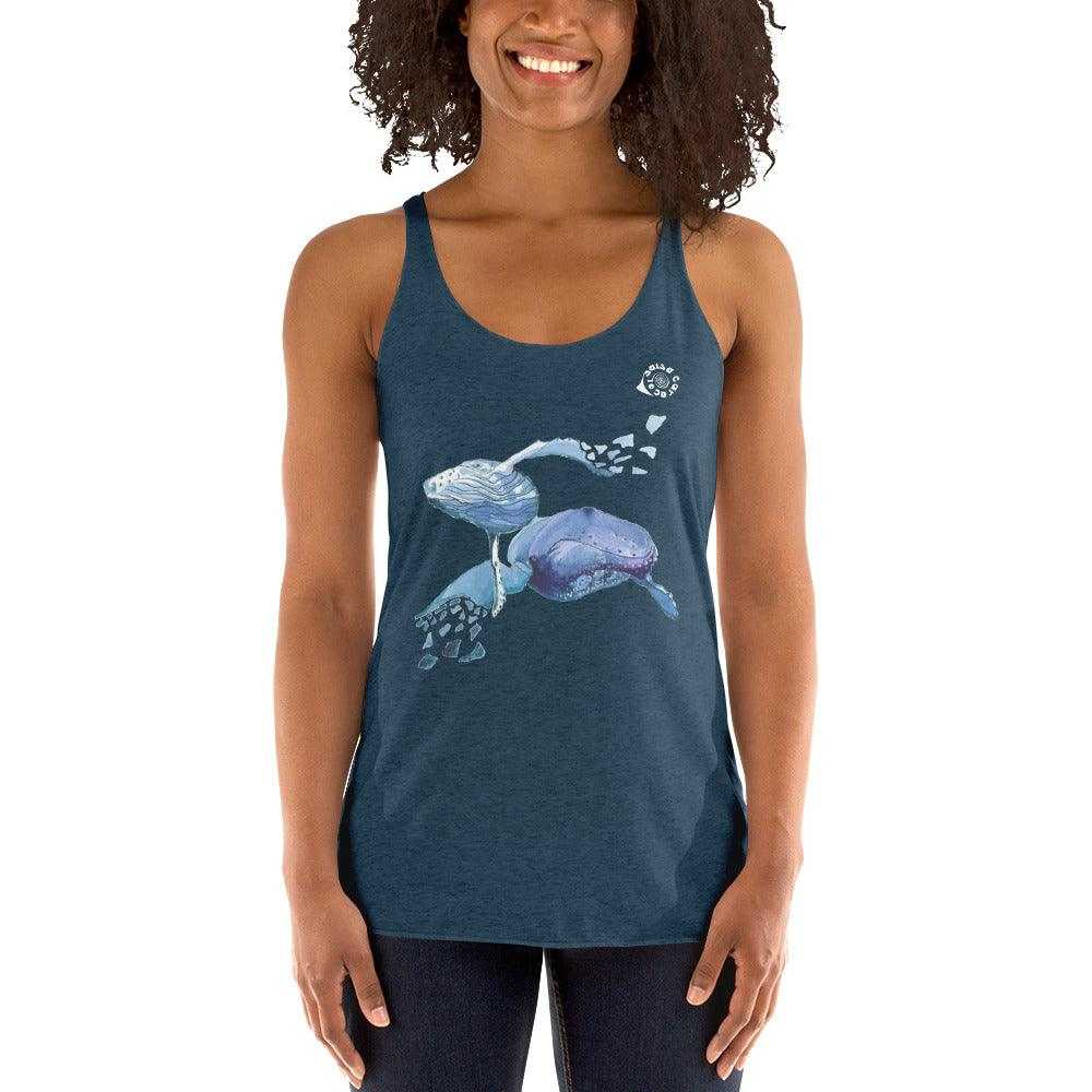 SC Natural Whale Tank, a dark blue racerback top with a scoop neck and colorful whale illustration on the front