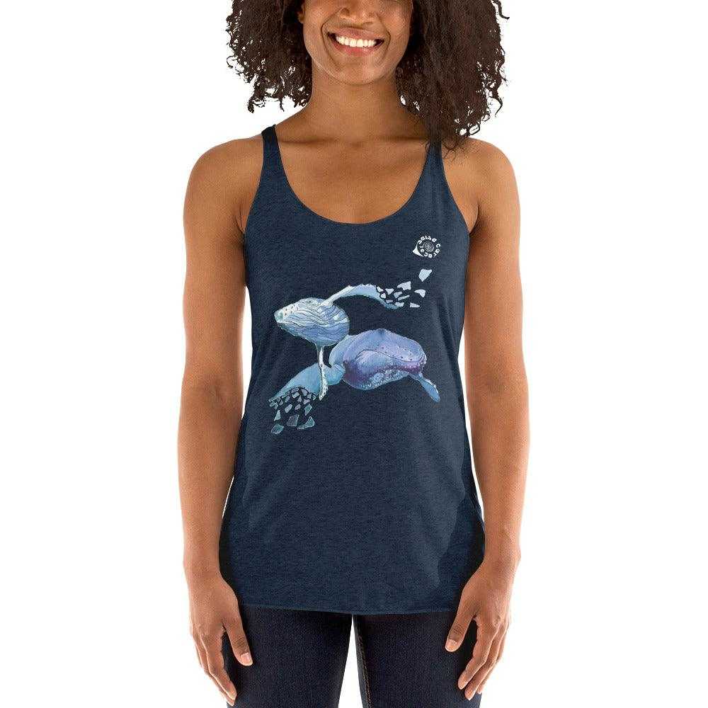 SC Natural Whale Tank in dark navy heather with a racerback cut, raw edge seams and a colorful whale print