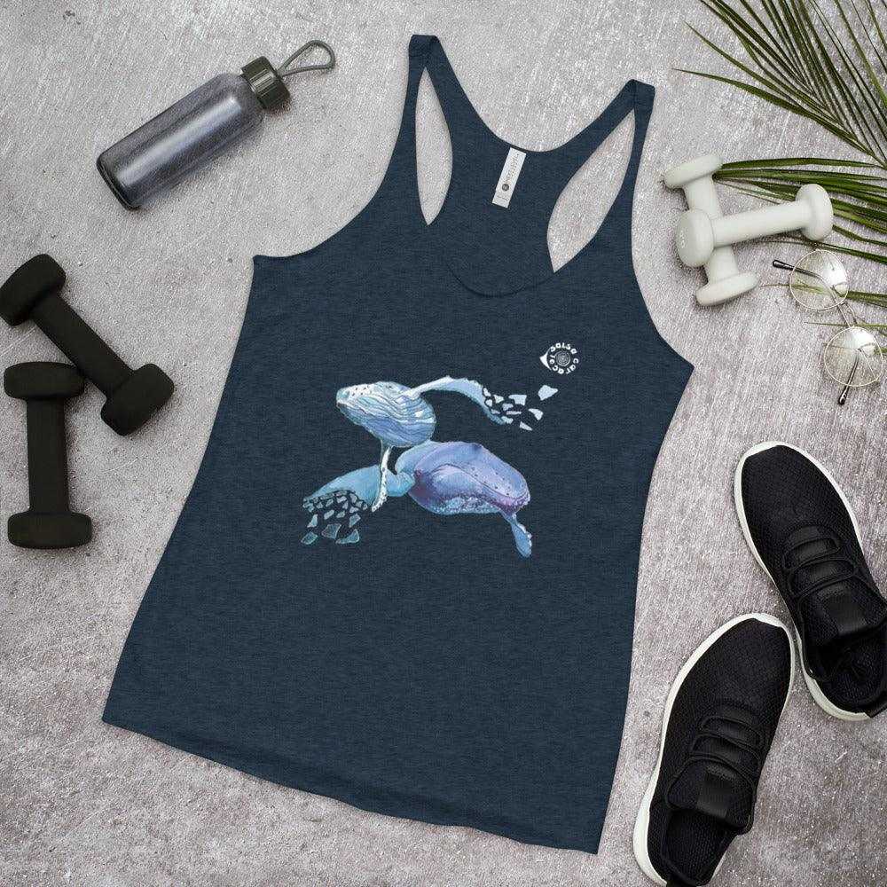 SC Natural Whale Tank in dark navy with a racerback cut, raw edge seams, and a colorful illustration of two whales