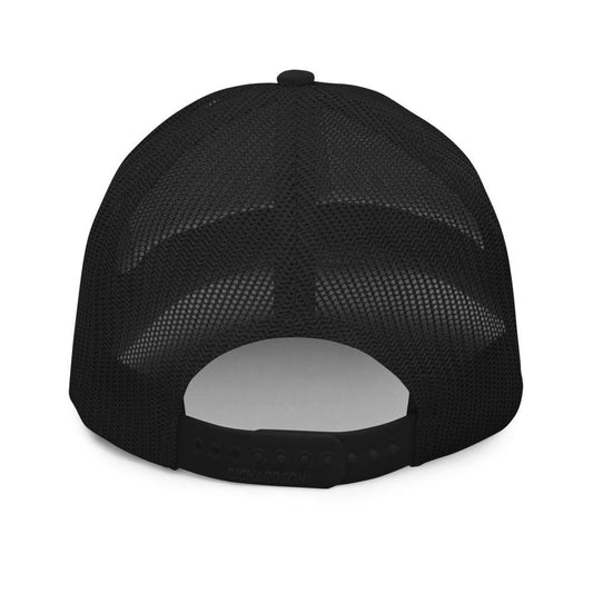 Back view of a black mesh trucker hat with an adjustable snapback closure