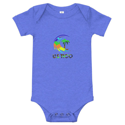 US Tico Baby Short Sleeve One Piece in heather blue cotton with a colorful tropical palm tree logo and three-snap closure