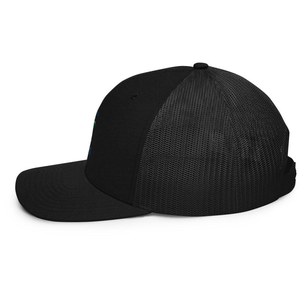 US Tico Colorful Trucker Cap with a solid black fabric front, curved brim, and black mesh back