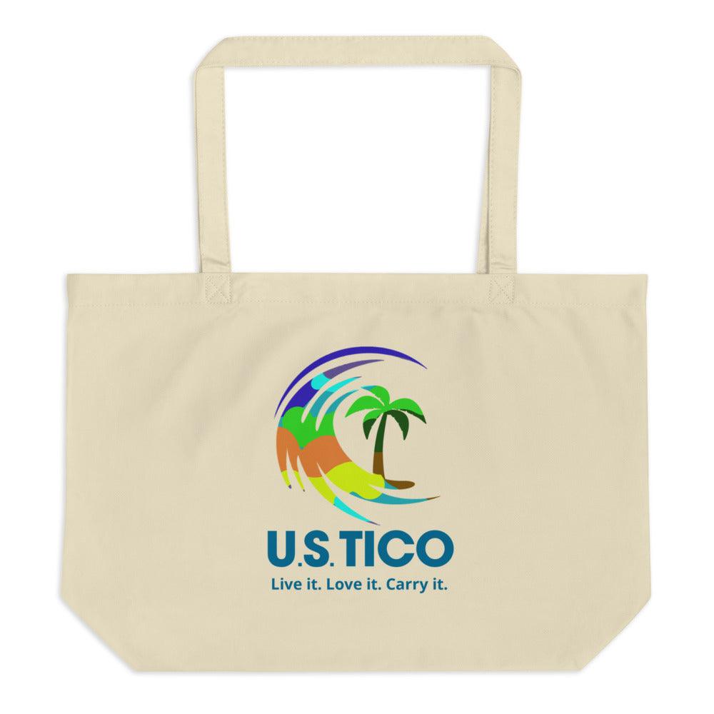 US Tico Large Organic Colorful Tote Bag in natural cream cotton with long straps and a colorful tropical logo