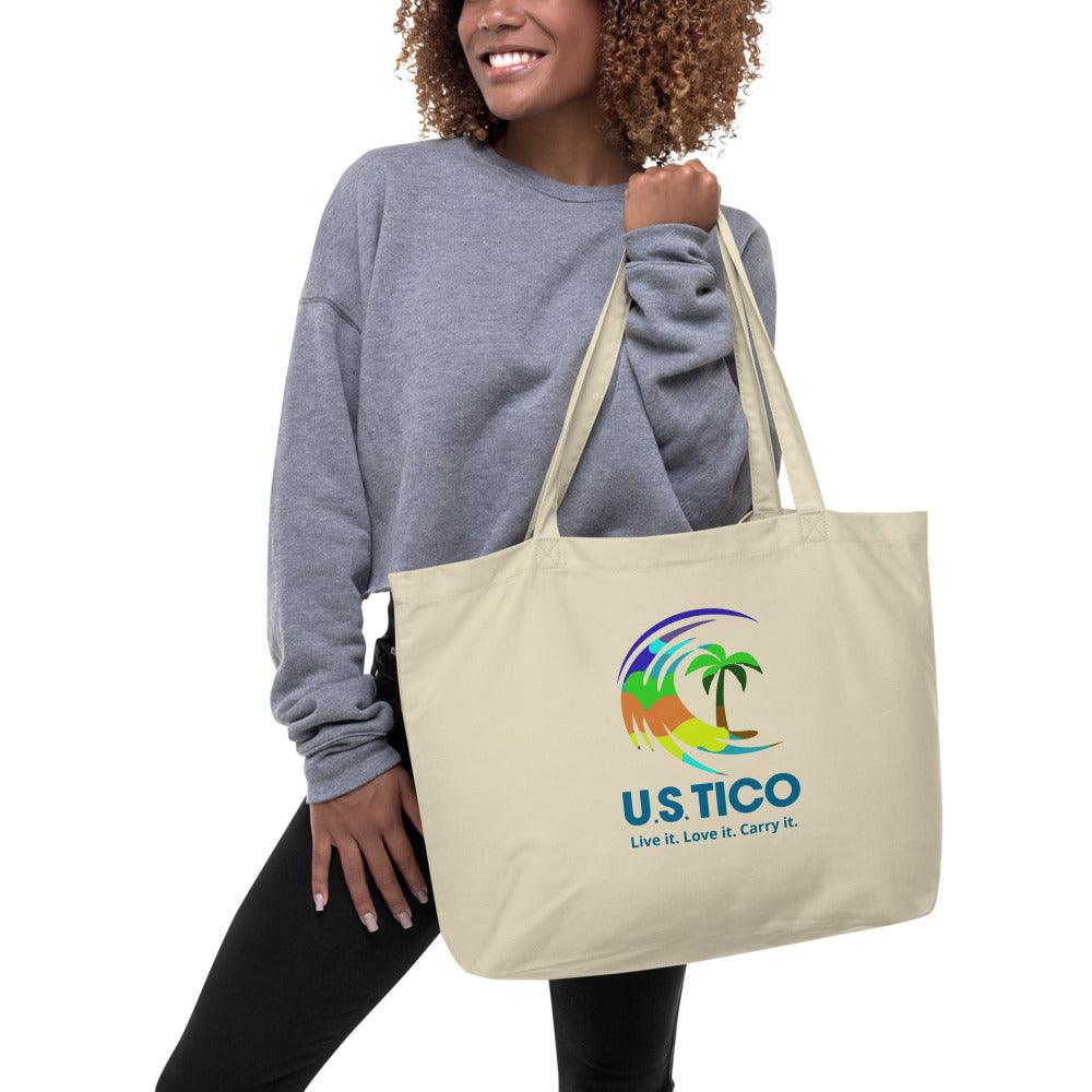 US Tico Large Organic Colorful Tote Bag in natural cotton with long handles and a colorful tropical logo