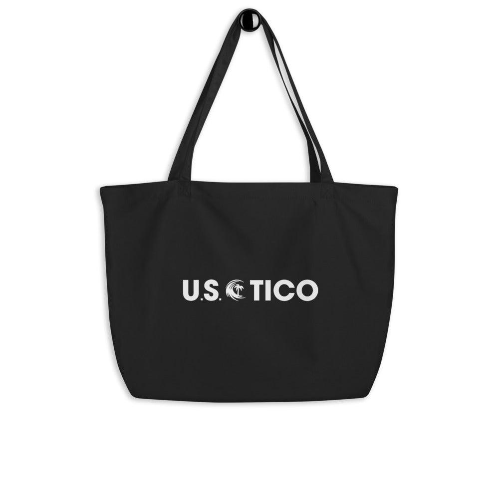 US Tico Large Organic Cotton Tote Bag in black cotton with long shoulder straps, flat base and white US Tico logo