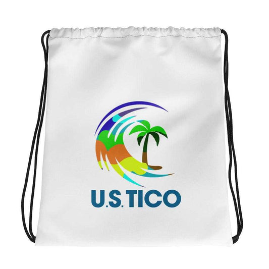 US Tico Original drawstring bag in white polyester with black cords and a colorful tropical wave and palm tree logo