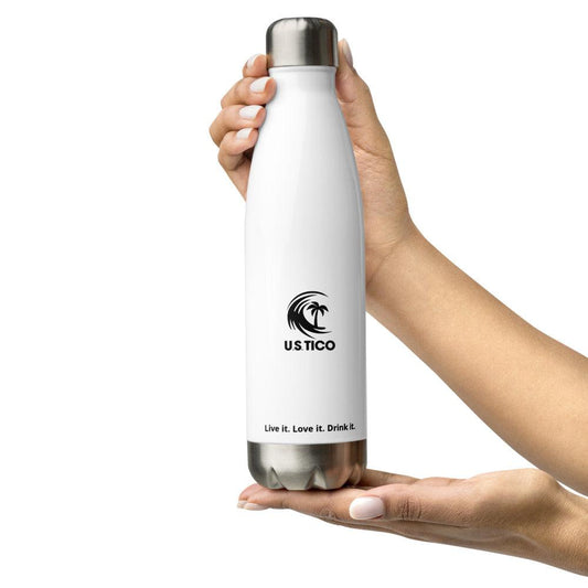 US Tico Stainless Steel Water Bottle with a white smooth finish, silver steel cap and base, and black palm logo